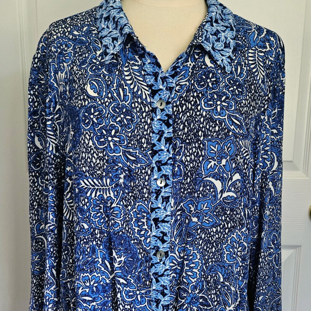 Habitat Clothes New with Tags Size L Blue Floral Top Ruffle Hem Contrasting - Picture 2 of 9